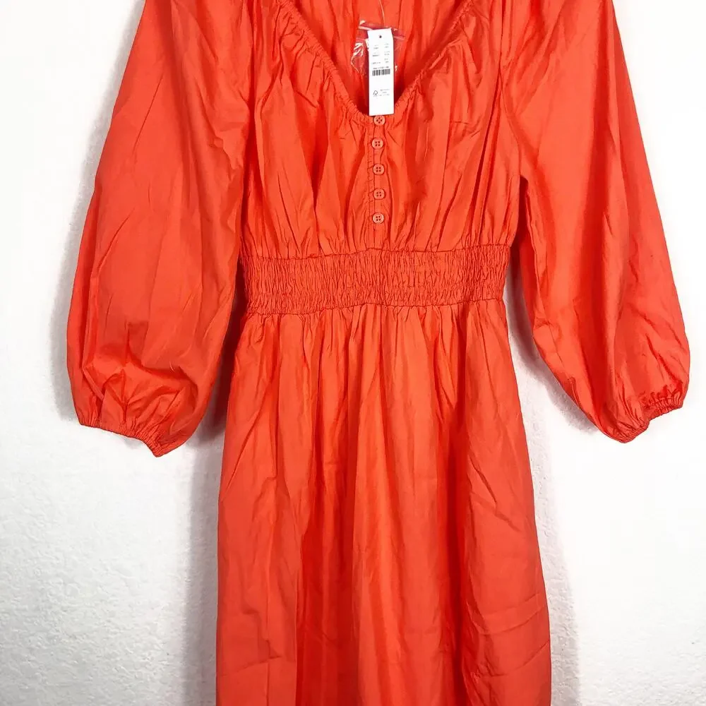 NWT J. CREW Orange Cotton Poplin V Neck Smocked Waist Midi Dress Size XS Boho